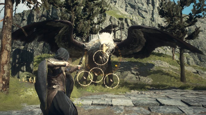 A Magic Archer preparing a multi-shot ability while fighting a griffon in Dragon’s Dogma 2.