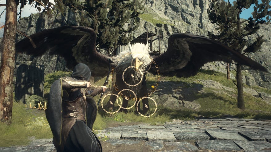 A Magic Archer preparing a multi-shot ability while fighting a griffon in Dragon’s Dogma 2.