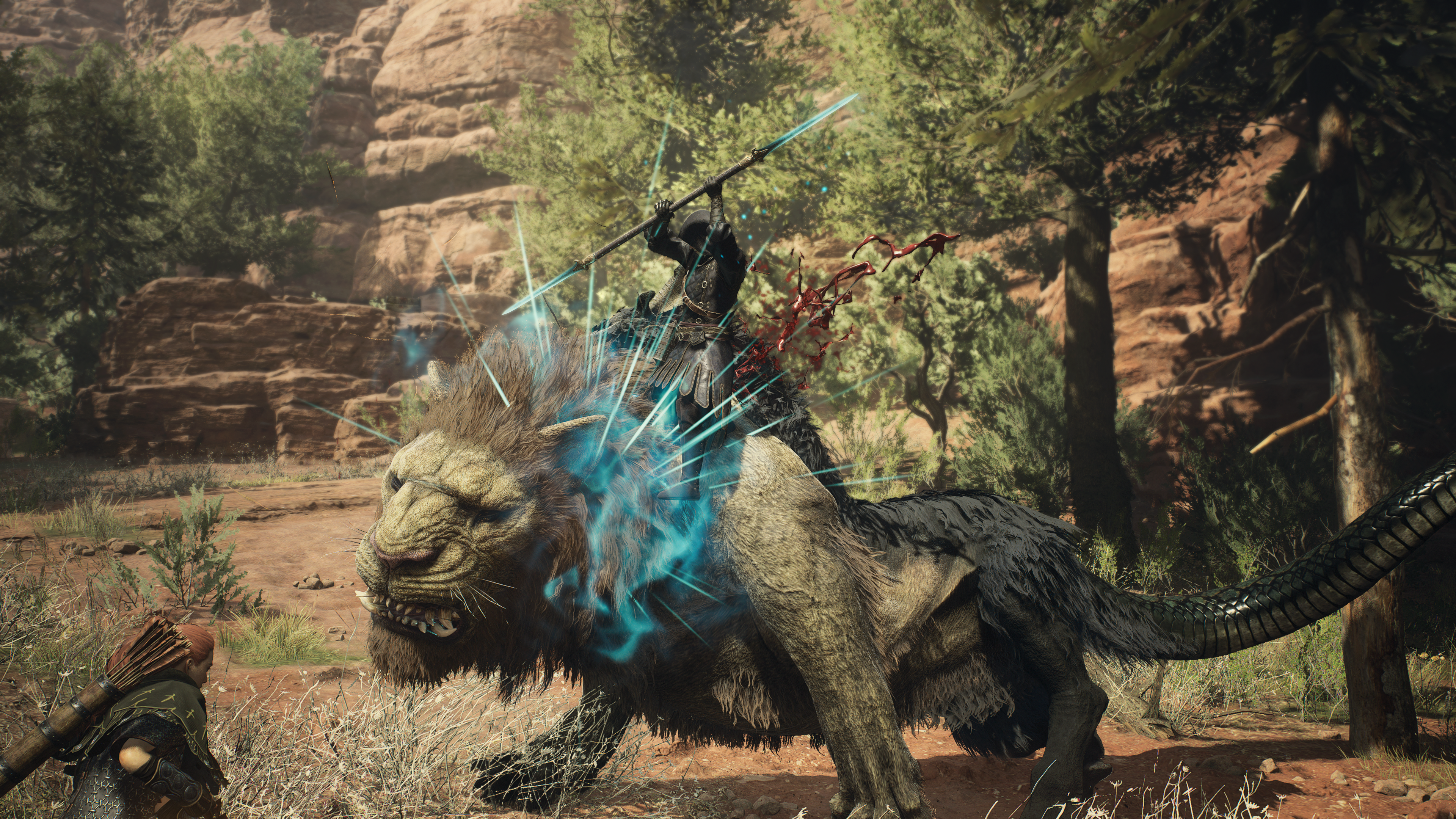 A Mystic Spearhead character striking a chimera&rsquo;s head in Dragon&rsquo;s Dogma 2.