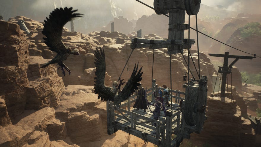 A battle against flying creatures in a sandy area in Dragon’s Dogma 2.