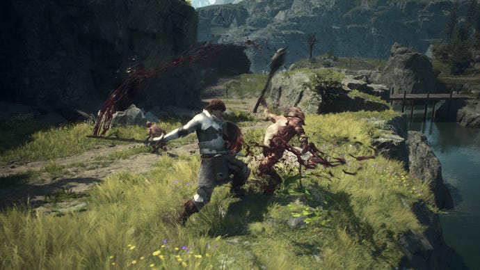 A fighter striking a goblin in Dragon’s Dogma 2.