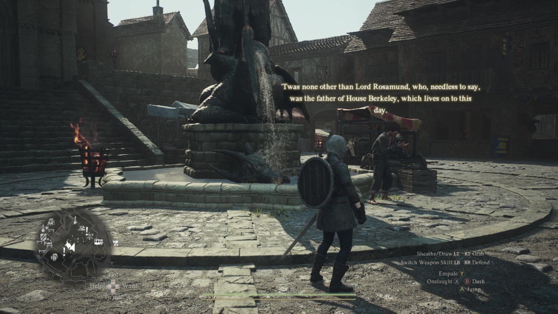 Albert praises House Berkeley at the end of a story delivered at the base of the dragon fountain in the Merchant's Quarter square. - 4