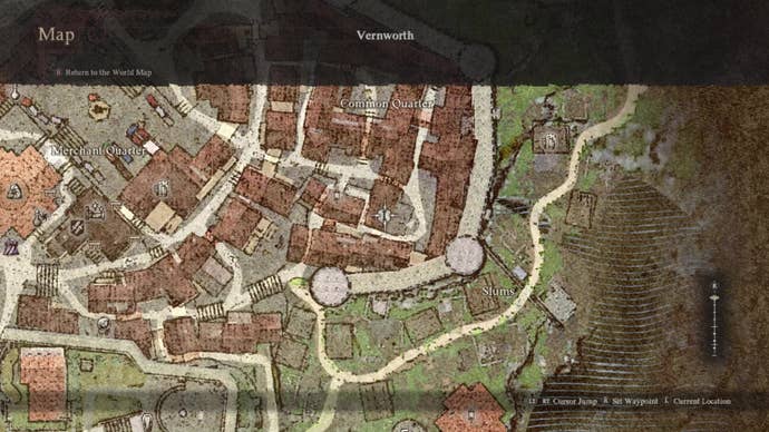 A close-up of the Common Quarter of Vernworth on the map; Albert's house has a marker over it.