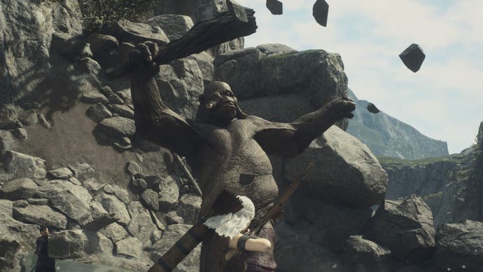 dragons dogma 2 arisen facing large cyclops throwing boulders