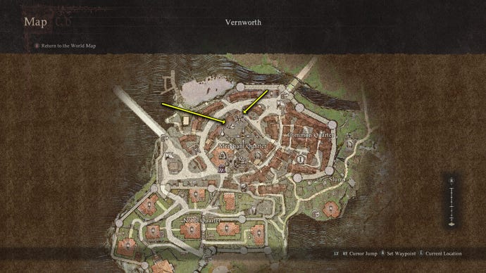 Screenshot of the armory and smithy location in Vernworth, Dragon's Dogma 2.