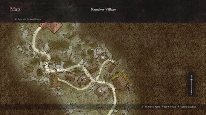 A close-in map of the Nameless Village in Dragon's Dogma 2, with Arthur/Darragh's house marked out with a custom waypoint.