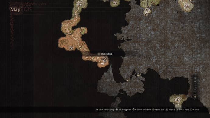 A map screen showing the location of Bakbattahl with the country of Battahl in Dragon's Dogma 2.