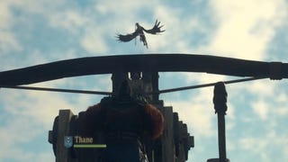 A Dragon's Dogma 2 character zooms in on a griffin as they get ready to attack it with a ballista.