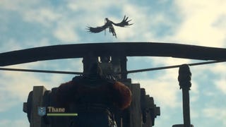 A Dragon's Dogma 2 character zooms in on a griffin as they get ready to attack it with a ballista.