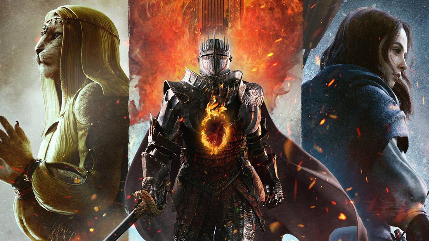 Dragon's Dogma 2 key art showing a lion-woman, a knight, and another woman all stood facing different directions. - 1