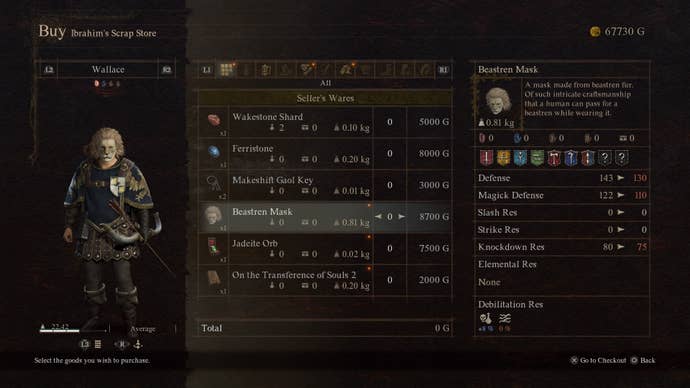 A shop screen showing the Beastren Mask used to sneak into Battahl in Dragon's Dogma 2.