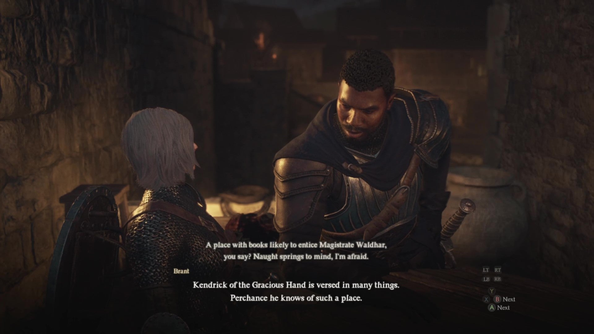 A human female Arisen speaks to Brant over a barrel table at the Stardrop Inn at night. - 7