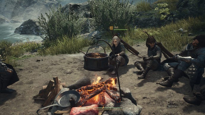 Screenshot of a player using a Campfire in Dragon's Dogma 2.