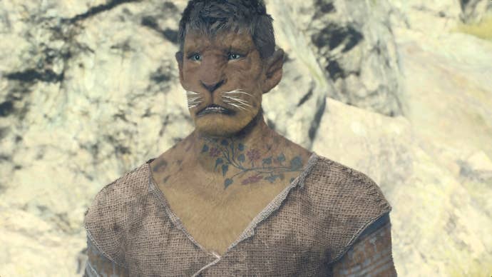 How to change appearance in Dragon’s Dogma 2: A male beastren with flower tattoos and short hair, looking confused