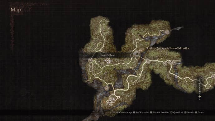 A map screen showing the location of Beren's Tent in Dragon's Dogma 2.