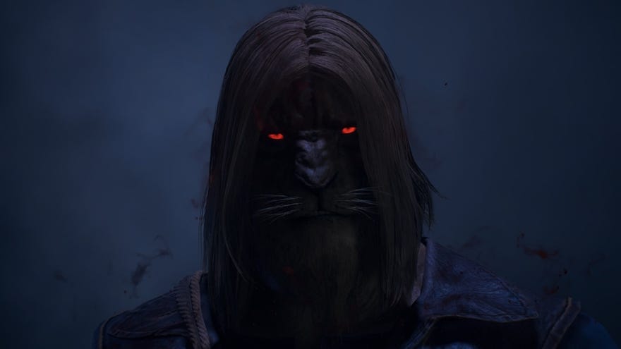 A catperson pawn infected with Dragonsplague stares at the viewer with red eyes in Dragon's Dogma 2