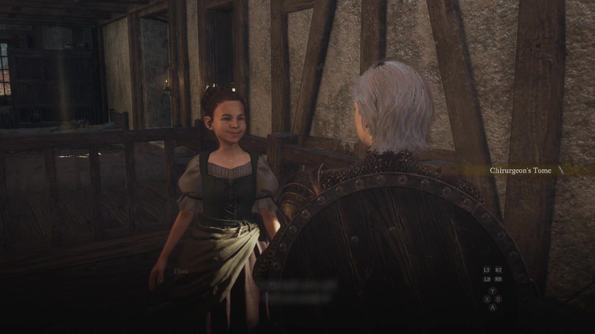 A grinning Flora hands a female human Arisen the Chirurgeon's Tome. - 6