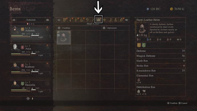 dragons dogma 2 helm inventory icon highlighted in item menu