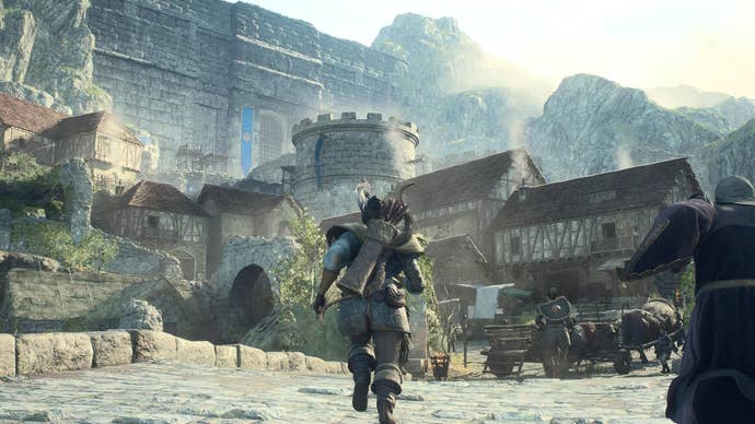 A Dragon’s Dogma 2 Beastren running toward the Border Checkpoint Rest Town