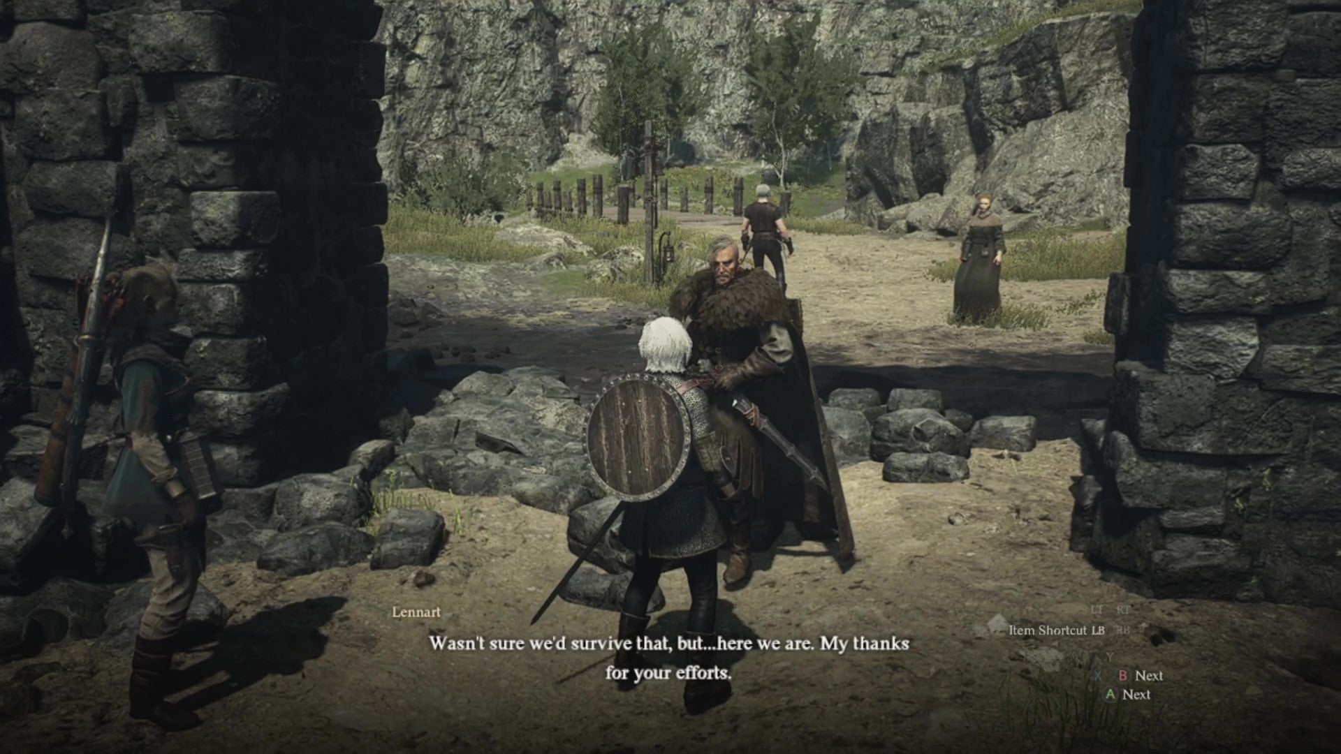 Ser Lennart stands under a stone archway at the gates of Melve and greets the Arisen. - 6