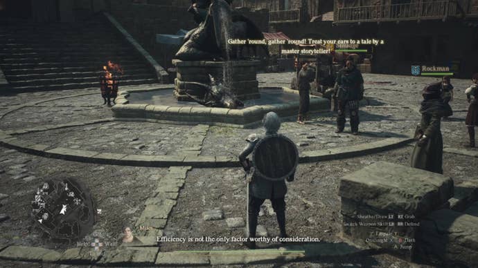 The Arisen listens to one of Albert’s tales in the fountain square of Vernworth’s merchant quarter.