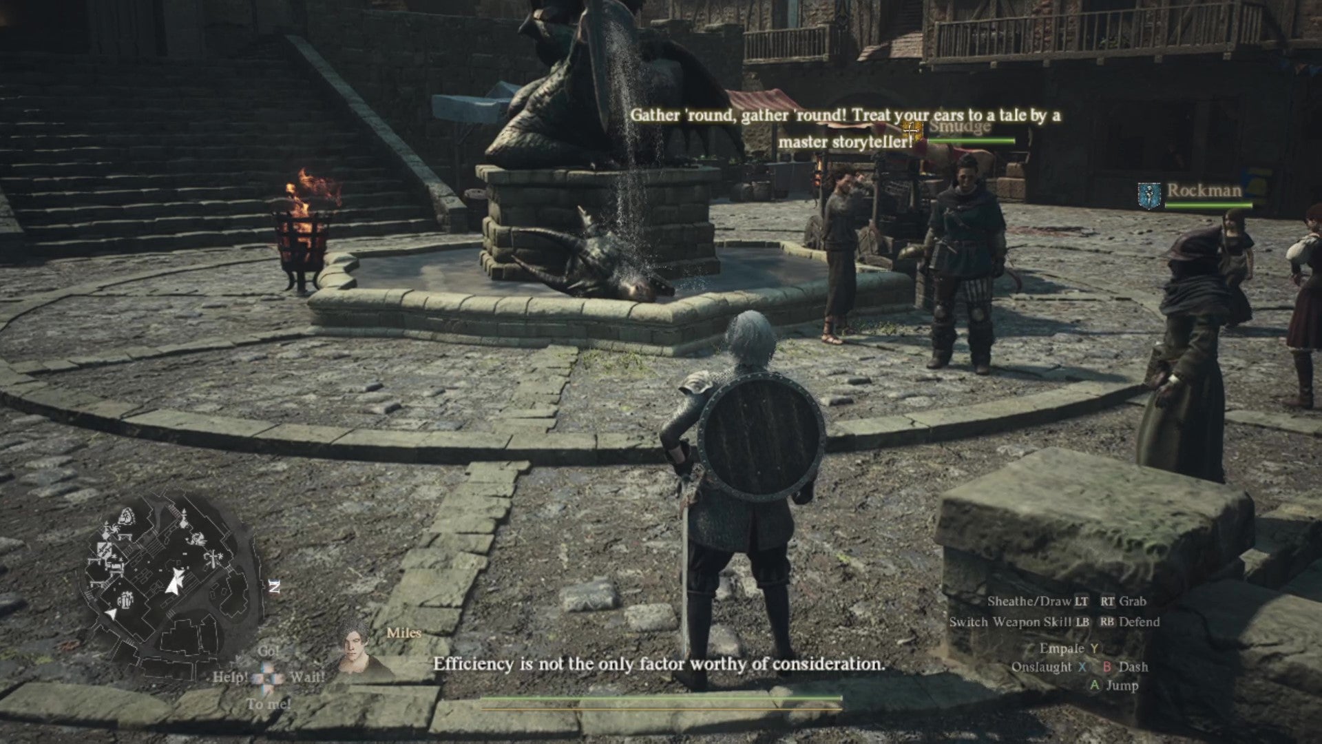 The Arisen listens to one of Albert's tales in the fountain square of Vernworth's merchant quarter. - 1