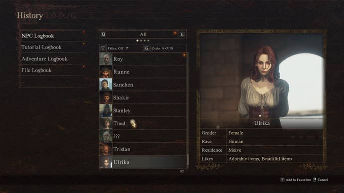 Screenshot of the NPC Logbook in Dragon’s Dogma 2.