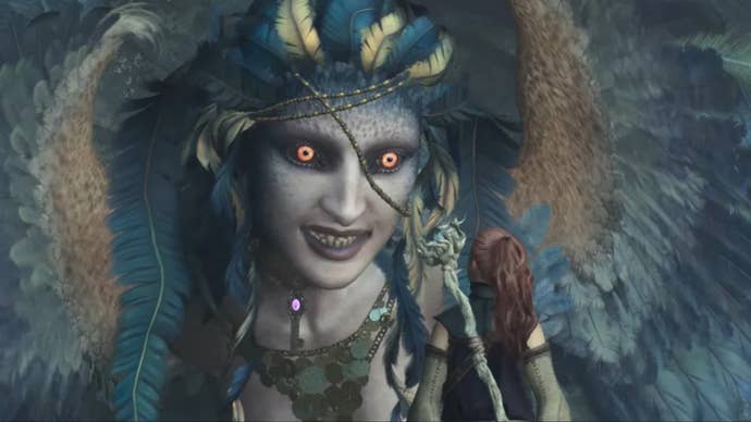 A character in Dragon’s Dogma 2 approaches a huge, humanoid creature with bright orange glowing eyes and a headdress made of feathers.