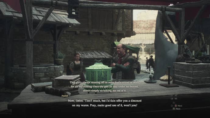 Auriol attends to his apothecary stall in Vernworth's merchant quarter, with his granddaughter Flora in the background.