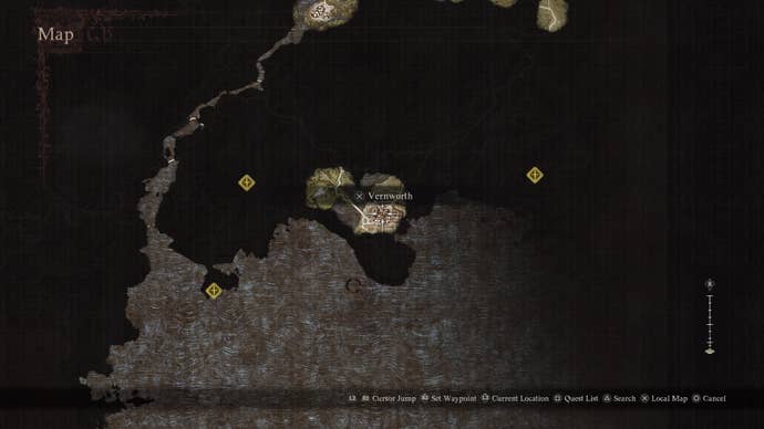A map screen showing the three Monster Culling locations in Dragon's Dogma 2.
