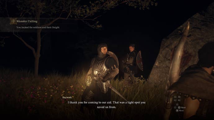 A soldier thanking the Arisen for helping them during the Monster Culling quest in Dragon’s Dogma 2.