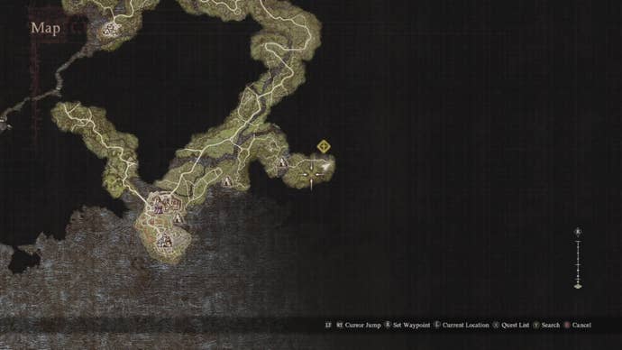 A partially uncovered map of Vernworth in Dragon's Dogma 2, with the Nameless Village's location highlighted.