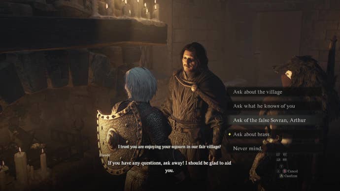 Inside the Old Manor House in Nameless Village, a human female Arisen considers her dialogue options while speaking to Flaude.