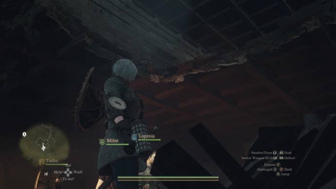 A human female Arisen looks upward from inside a house at a dramatic angle, into a gap in the ceiling that shows the upper floor above.
