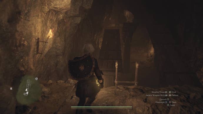 A human female Arisen looks across an underground chasm above which hangs an obstacle course made of seesaws.