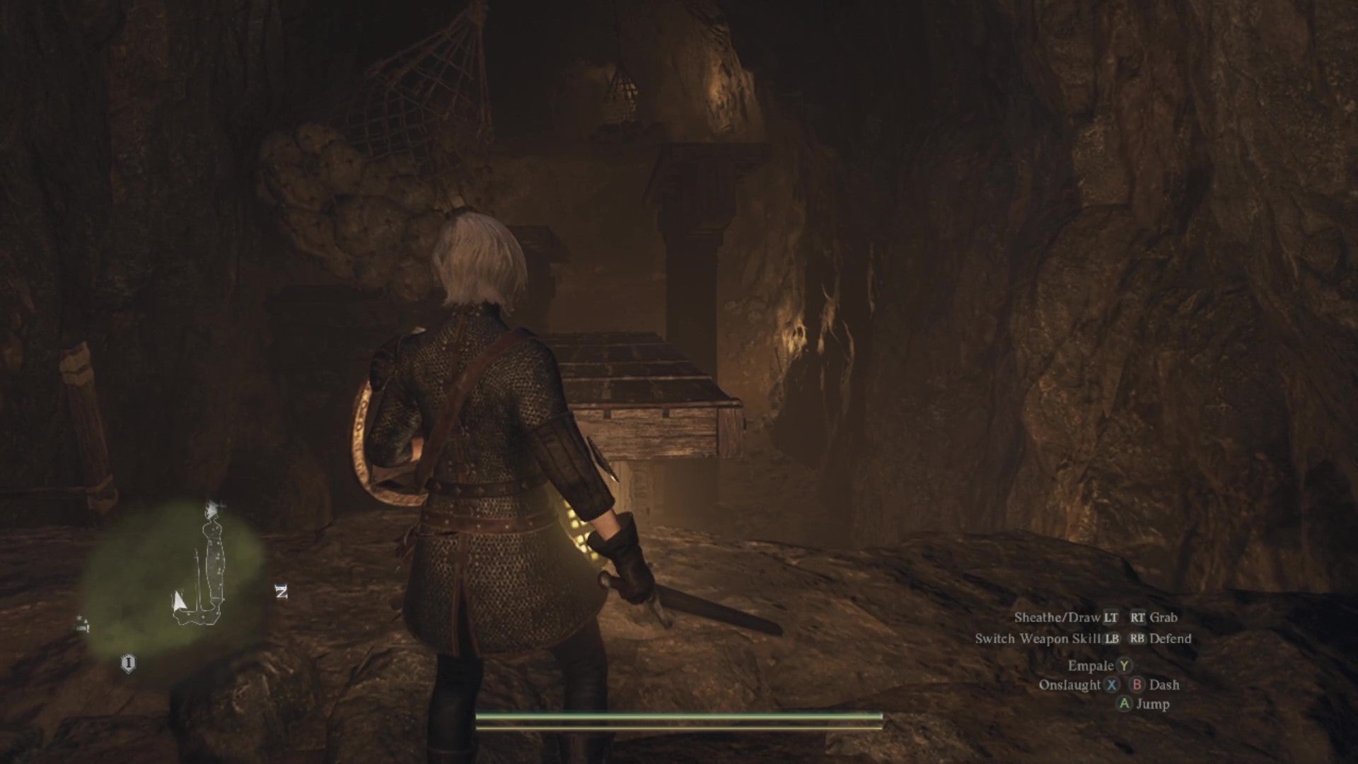 A human female Arisen looks across an underground chasm above which hangs an obstacle course made of seesaws and swinging weights. - 13