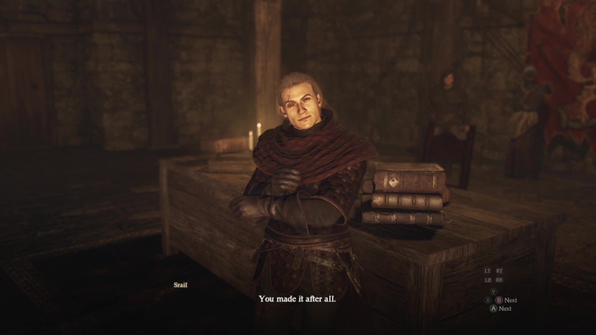 In an underground cavern, Srail leans against a table with his arms crossed and greets you. - 14