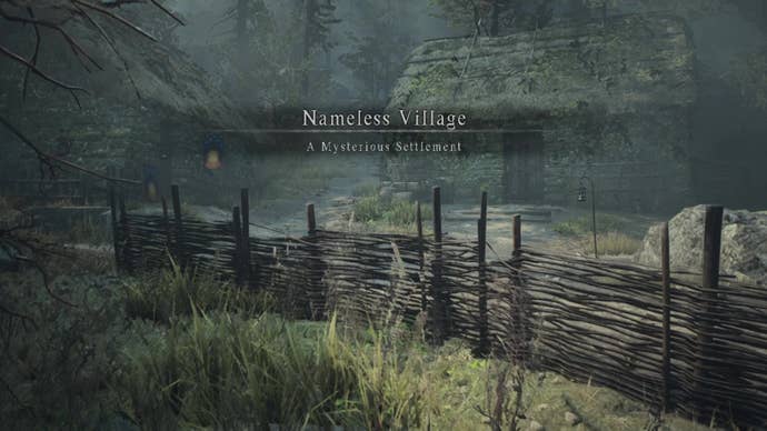 A stone cottage with a thatched roof, with a simple wooden fence in the foreground and a similarly constructed inn building to the left. Text reads: “Nameless Village: A Mysterious Settlement”.