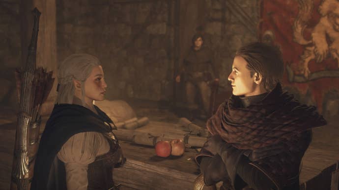 Dragon’s Dogma 2’s white-haired Arisen speaking to Srail.