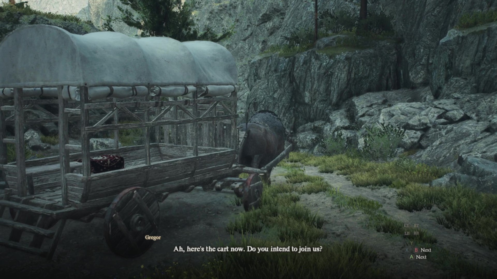 An oxcart meets the Arisen's adventuring party along the route to Melve, in a stony ravine. - 4