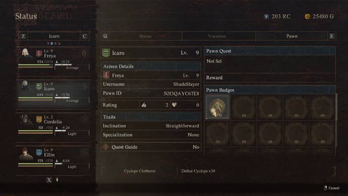 Screenshot of the Pawn Badges menu in Dragon’s Dogma 2.