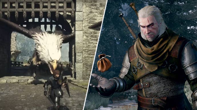 A monster attacking the Arisen in Dragon’s Dogma 2 and Geralt of Rivia in The Witcher 3.