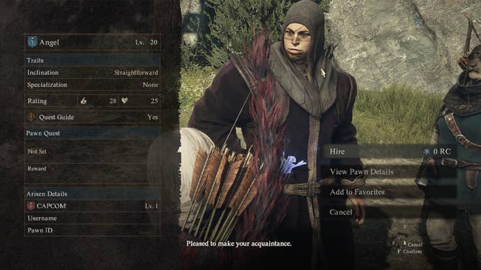 Screenshot of a Pawn introducing themselves to the Arisen in Dragon’s Dogma 2.