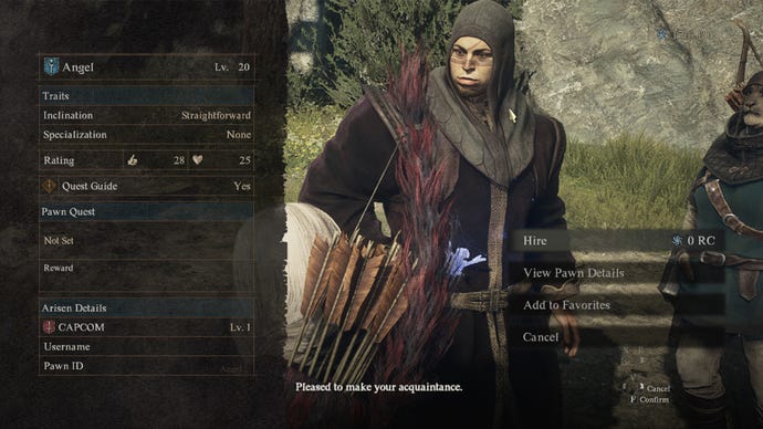 Screenshot of a Pawn introducing themselves to the Arisen in Dragon's Dogma 2.