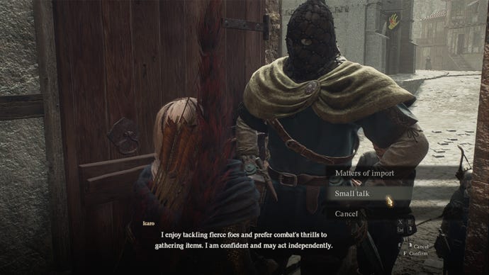Screenshot of an Arisen making small talk with a Pawn in Dragon's Dogma 2.