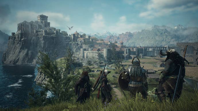 A screenshot from Dragon's Dogma 2, showing the player character and three chess pieces overlooking a field with a town on a cliff in the distance.