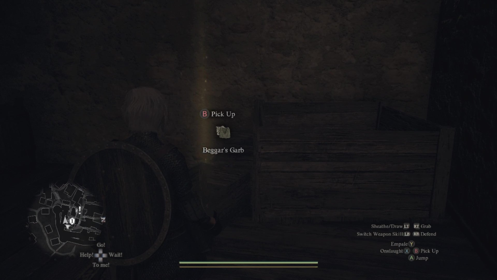 The Arisen picks up a pile of Beggar's Garb from a stripped bedframe covered in boxes in a darkened room. - 8