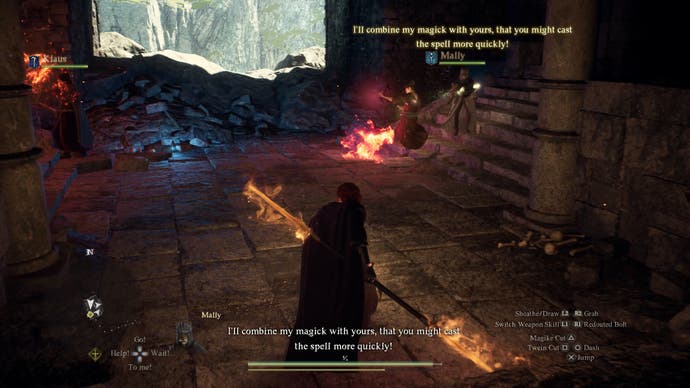 Dragons Dogma 2 preview screenshot showing a combat encounter in some ruins with a flaming staff