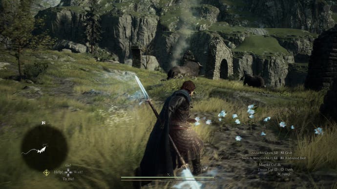 Dragons Dogma 2 preview screenshot showing the main character with a staff in grassy countryside