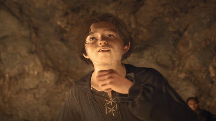 Dragon’s Dogma 2’s Rodge, looking confused, but happy in a cave full of wolves